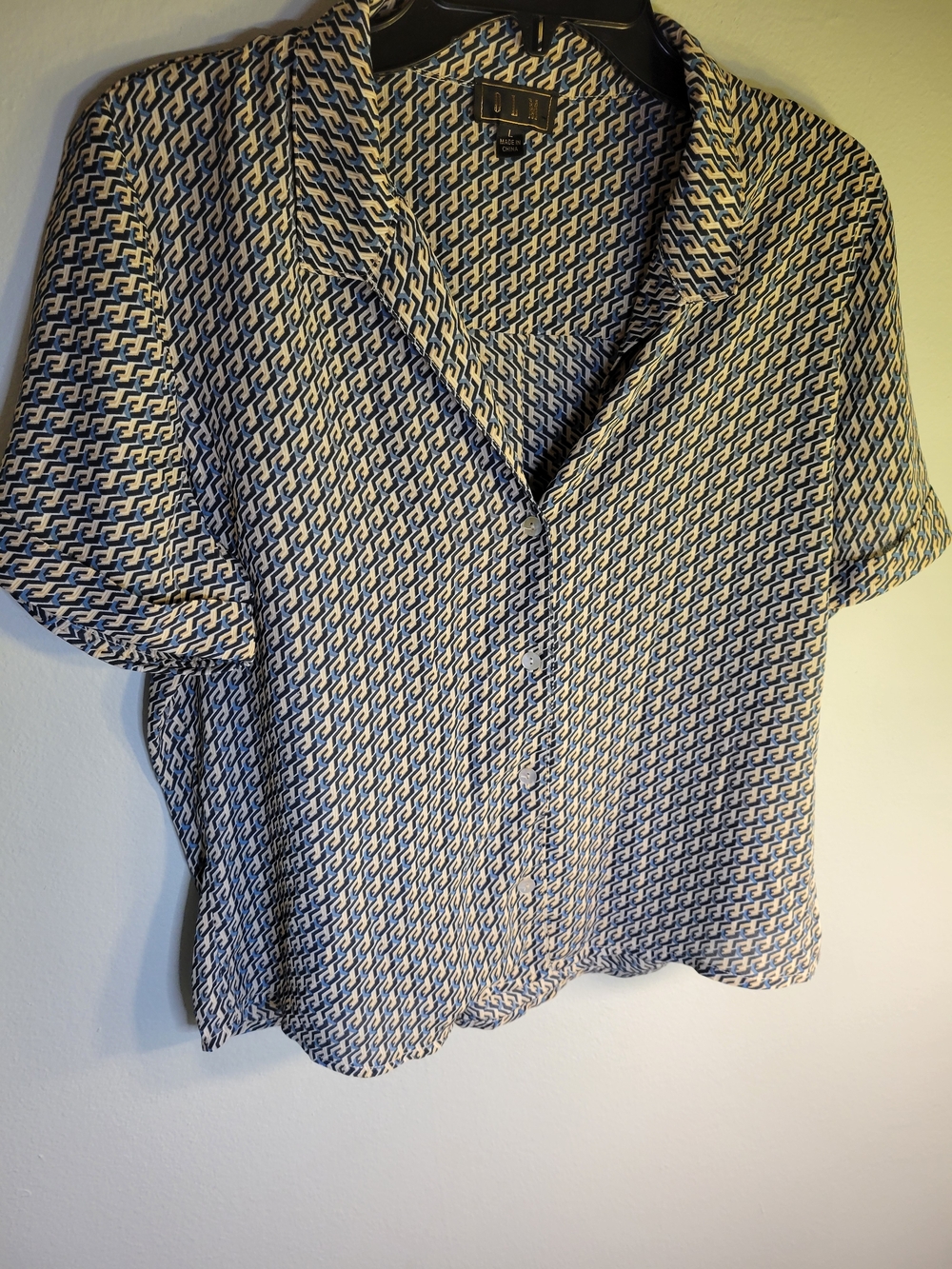 Blue and White Geometric Short-Sleeve Women's Blouse